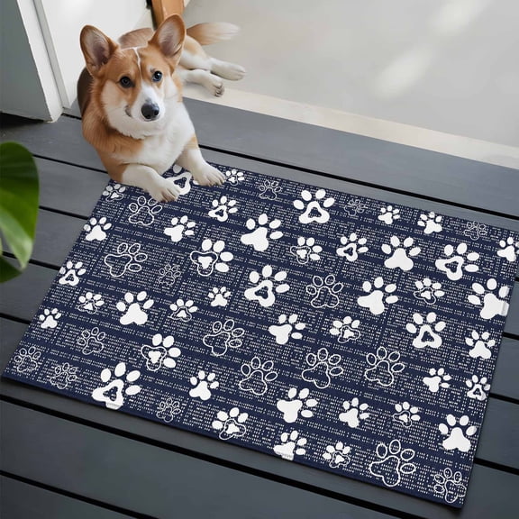 Blue Paw Print Washable Entry Rug 2x3 Modern Classic Dark Blue White Animal Large Paw Pattern Plaid Low-Profile Area Rugs with Non Slip Backing Indoor Floor Carpet for Entrance Living Room Bedroom