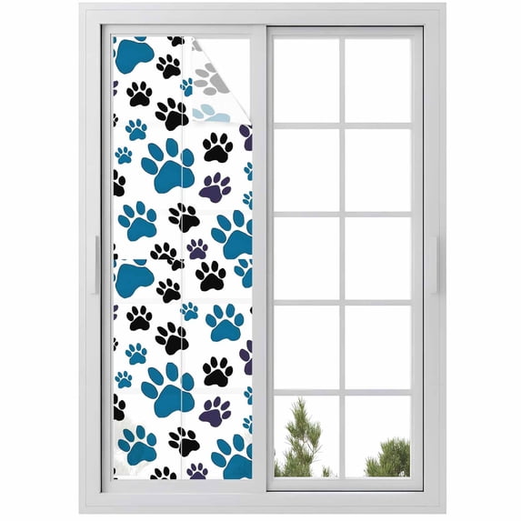 Blue Paw Print Window Privacy Film, Black Animals Cat Dog Colored Cartoon Static Cling UV Sun Blocking Heat Control Window Tint Day and Night, Non-Adhesive One Way Windows Privacy Cover 17.7''x78.7''