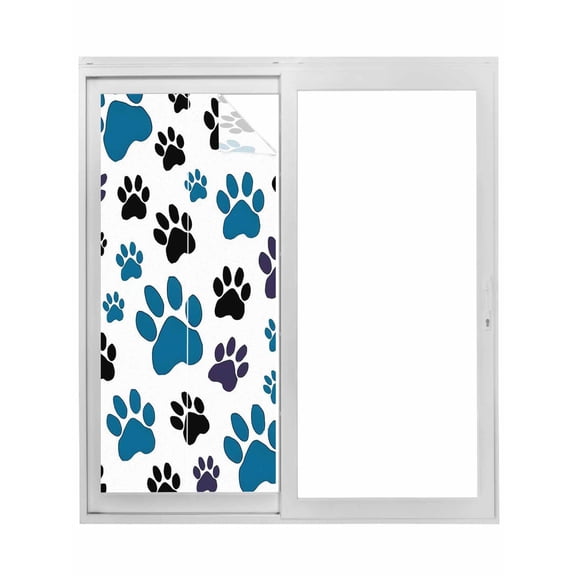 Blue Paw Print Window Privacy Film, Black Animals Cat Dog Colored Cartoon Static Cling UV Sun Blocking Tint Film Heat Control Windows Films for Bedroom Bathroom, Window Stickers 23.6"x59"