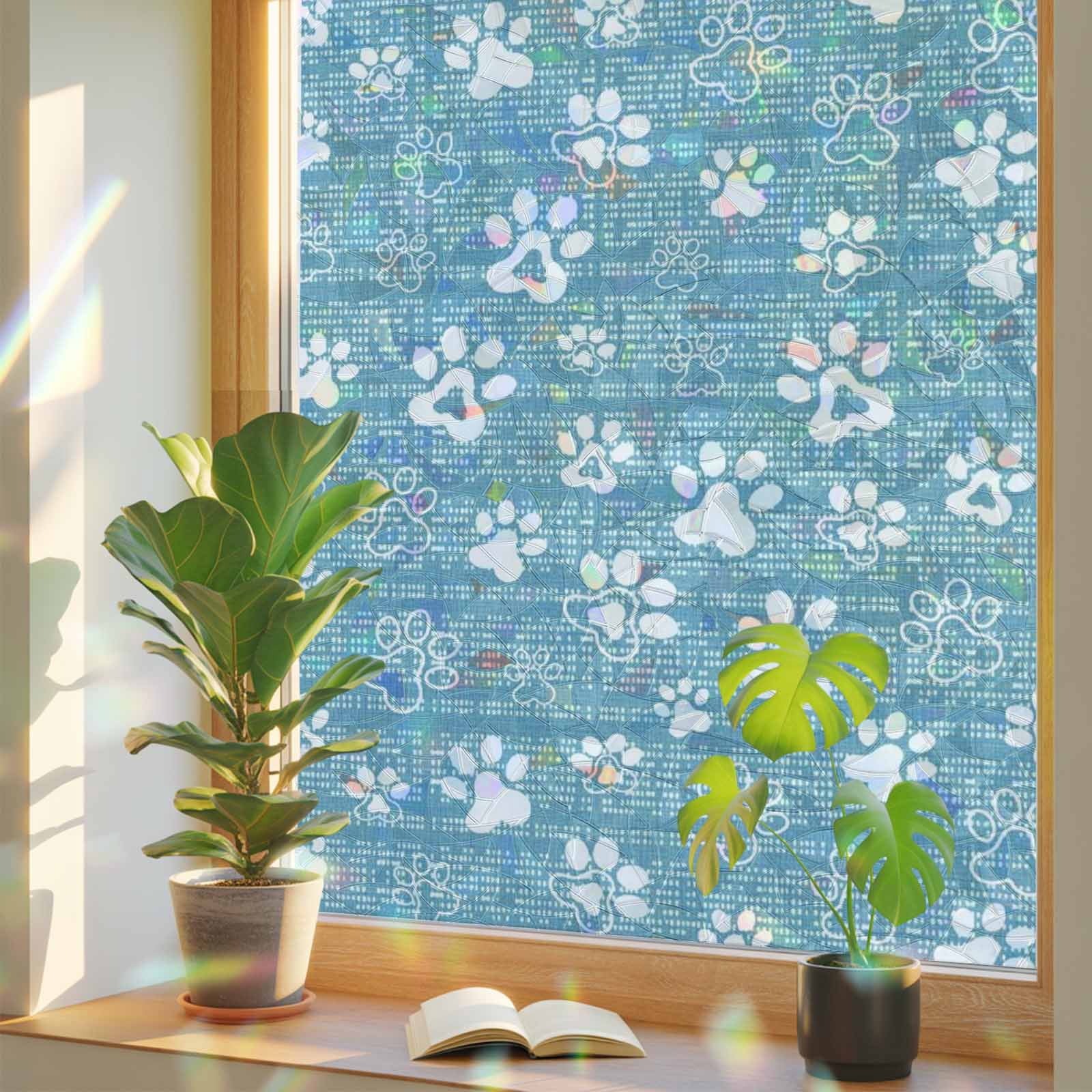 Blue Paw Print Window Privacy Film, Modern Classic Blue White Animal ...