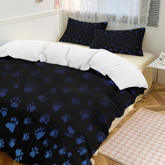 Blue Paw Prints on Black Background Bedding Set Couple Bedclothes Pillowcase Customized Home Textiles Bed Set for Bedroom Decoration