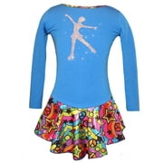 ICE FIRE SKATE WEAR Blue "Peace & Stars" Ice Skating Dress with "Skating Girl" design