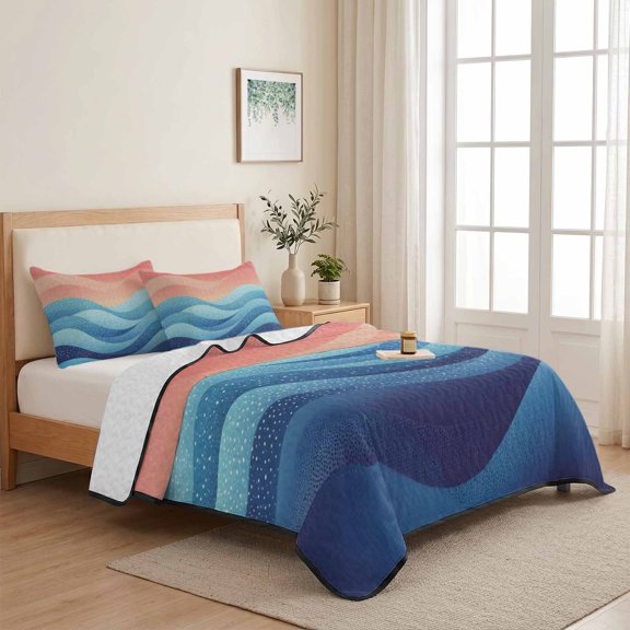 Blue Peach Layered Ocean Waves 3 Pieces Quilt Set,1 Quilt with 2 Shams,Gradient Striped Bedspread Soft Lightweight Bedding Coverlet Comforter Set for All Season 68"x98"