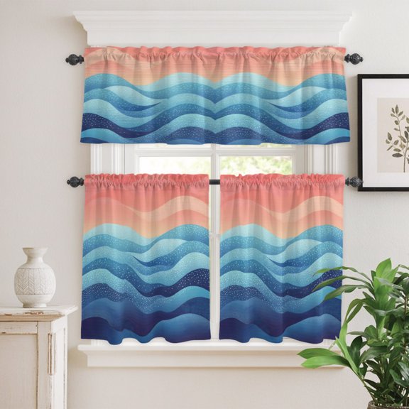 Blue Peach Layered Ocean Waves Curtain Tier and Valance Set 3 Piece,Gradient Striped 3-inch Rod Pocket Window Tier Curtains Valance for Kitchen Living Room