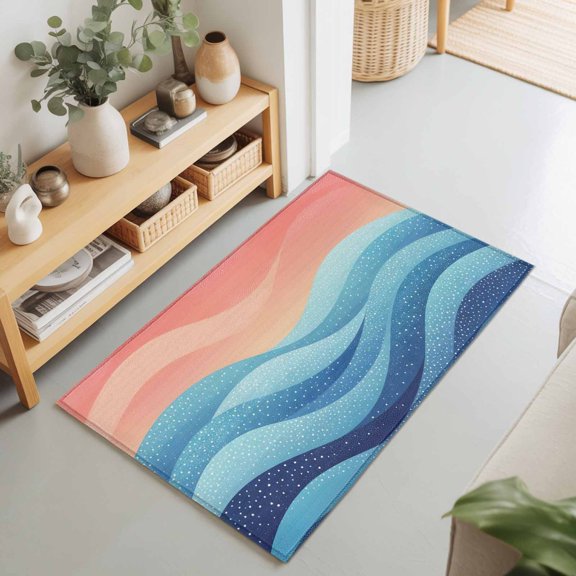 Blue Peach Layered Ocean Waves Rectangle Rug 2'x3' Gradient Striped Washable Area Rugs for Living Room Bedroom Entryway Non Slip Entrance Door Mat Indoor Floor Carpet