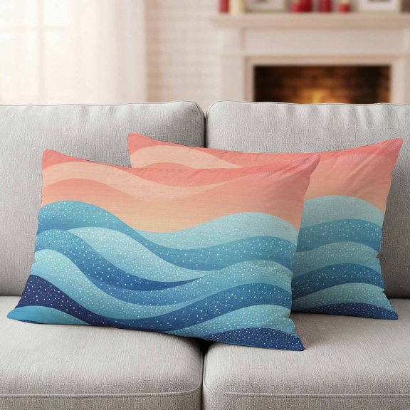 Blue Peach Layered Ocean Waves Waterproof Throw Pillow Covers Set of 2 Gradient Striped Outdoor Cushion Cover Pillow Protector Decorative Pillowcases for Bed Sofa Couch
