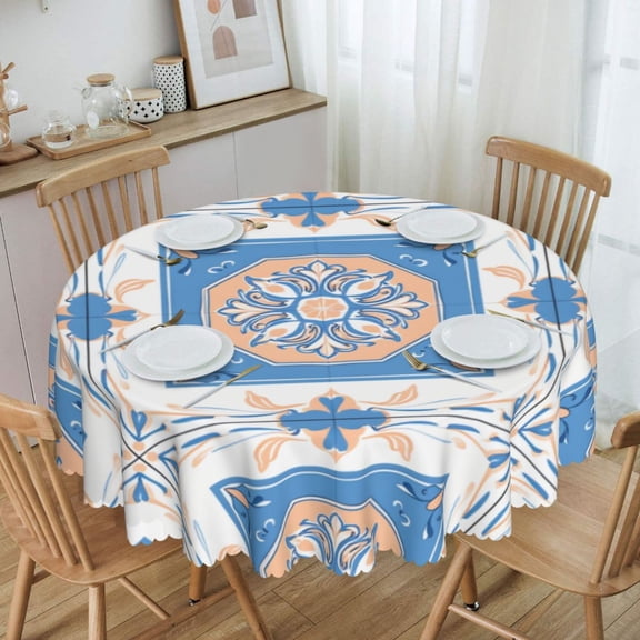 Blue And Peach Mediterranean Tile Seamless Pattern Round Tablecloth Waterproof Oil Proof Spill Proof Table Cloth 70" for Camping, Dining, Indoor and Outdoor Table Cover