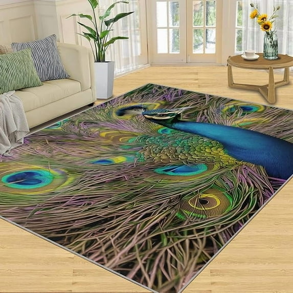 Blue Peacock Area Rug, Beautiful Feathers Rugs For Living Room, Machine Washable Rug With Non-Slip Backing Indoor Carpet For Bedroom Study Office Apartment 3' x 4'