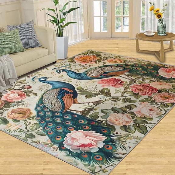 Blue Peacock Area Rug, Pink Rose Flower Birds Living Room Rug Aesthetic Animal Peacock Feather Bedroom Rug, Machine Washable Carpet for Front Entrance Floor Decor 2 x 3ft
