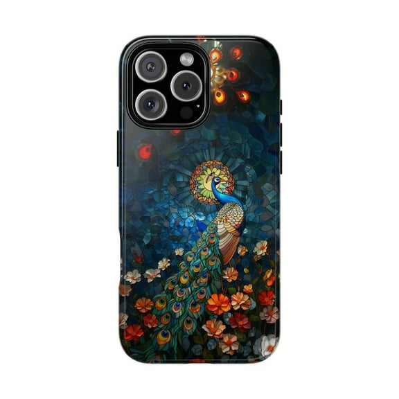 Blue Peacock Bird in Stained Glass Floral Mosaic Abstract Design Phone Case for 17 16 15 14 13 12 11 Pro Max