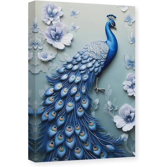 Blue Peacock Canvas Wall Art Animal Painting Print Vintage Elegance Peacock and White Floral Picture Artwork Decor Frame (Peacock - 3, 12.00" x 18.00")