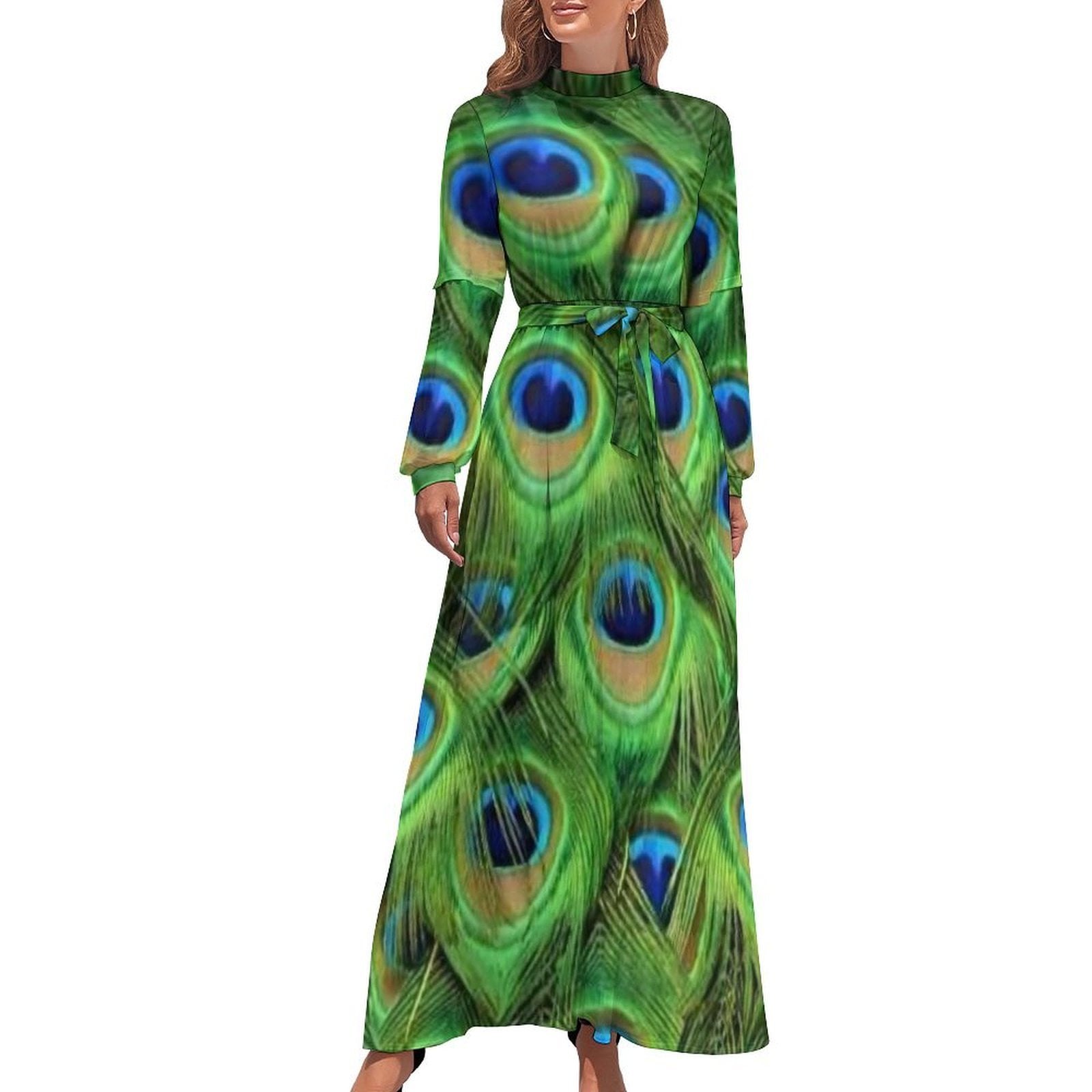 Blue Peacock Feather Dress Animal Print Elegant Graphic Maxi Dress High Neck Long Sleeve Aesthetic Boho Beach Long Dresses Walmart