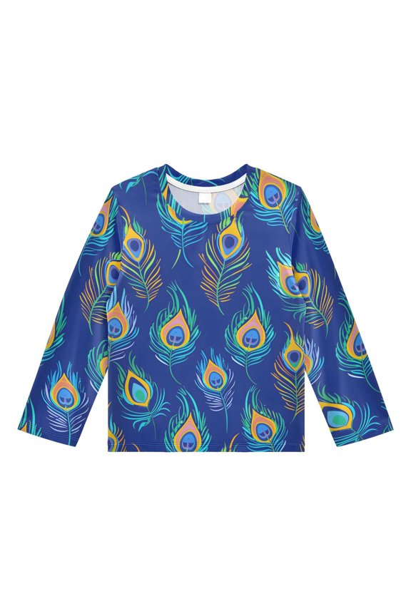 Blue Peacock Feathers Pattern Boys' Rash Guard Shirts UPF 50 Plus Sun Protection Short Sleeve Swim Tees 3T