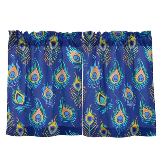 Blue Peacock Feathers Pattern Tier Curtain Set of 2 Kitchen Curtains 27x24 Inch Privacy Semi Sheer