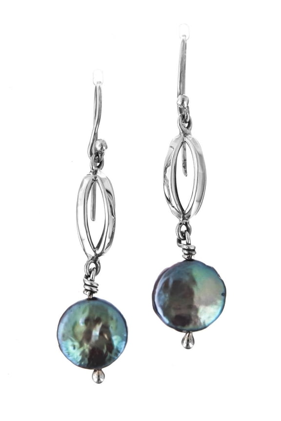 Blue Peacock Freshwater Coin Cultured Pearl 925 Sterling Silver Earrings, 1 1/4"