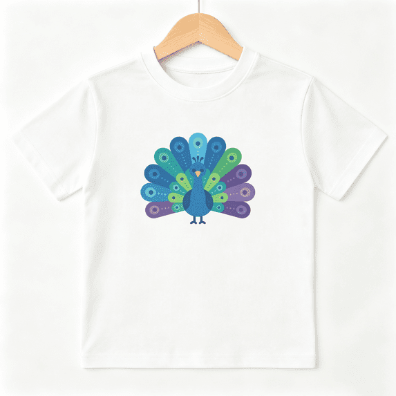 Blue Peacock Girls Graphic Tee, Cute Colorful Feather Bird 100% Cotton Kids Short Sleeve T-Shirt