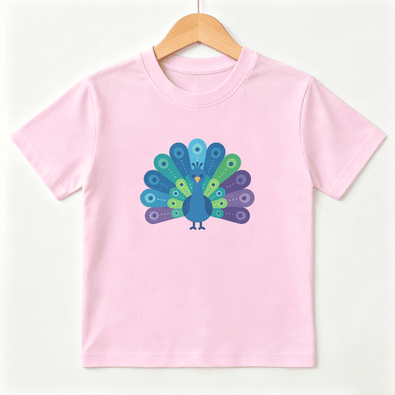 Blue Peacock Girls Graphic Tee, Cute Colorful Feather Bird 100% Cotton Kids Short Sleeve T-Shirt