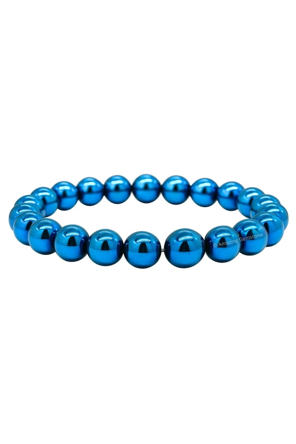 Blue Peacock Hematite Bracelet - 8mm Beaded Stretch Bracelet and Healing Stones