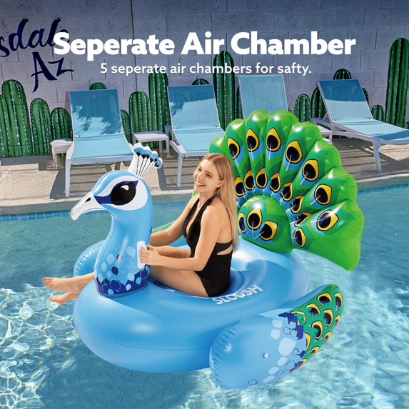 Blue Peacock Inflatable Pool Float - Giant Lounge Raft with Supportive Base
