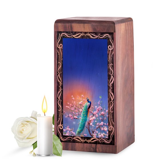 Blue Peacock Keepsake Urn for Ashes (5 Inch) – Cherry Blossom Wooden Cremation Urn, Small Memorial Urn for Men, Women & Loved Ones