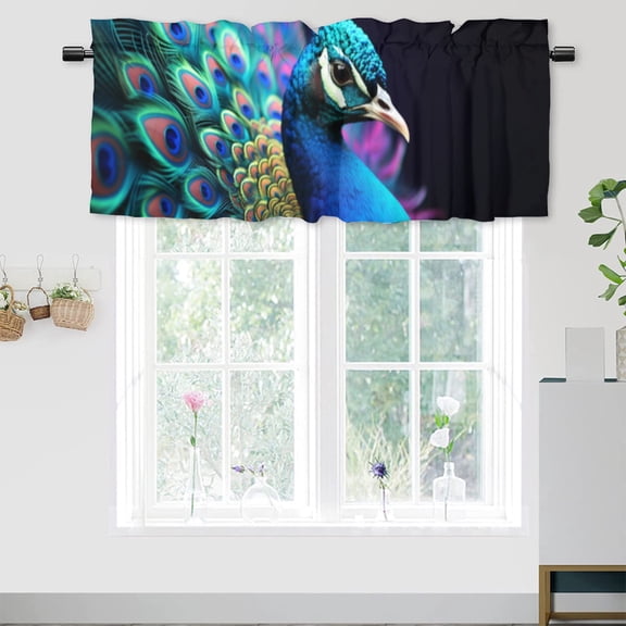 Blue Peacock Kitchen Curtain Valance Beautiful Bird Colorful Feathers Jungle Animals Thermal Insulated Window Curtain Valance Rod Pocket 54x18inch(1Pcs)