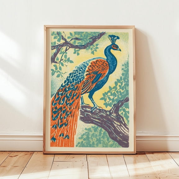 Blue Peacock Orange Bird Linocut Decor Wall Art Unframed Paper Print