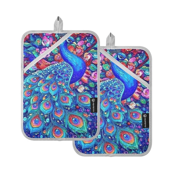 Blue Peacock Oven Mitts Pot Holders 2 pcs Heat Resistant for Kitchen Baking Grilling