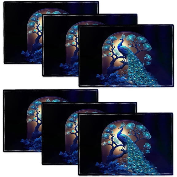 Blue Peacock Placemats Set of 6, Peacock Tree Place Mats Washable Double-Sided Table Mats for Kitchen Dining Room Home Party Indoor Decor 6 PCS 12x18 Inch