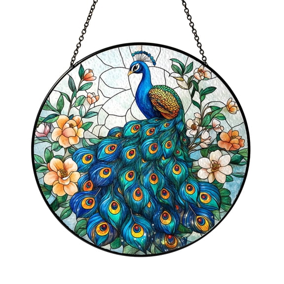 Blue Peacock Stained Glass Suncatcher Window Hanging Colorful Exotic Bird Home Decor Elegant Floral Nature Inspired Gift