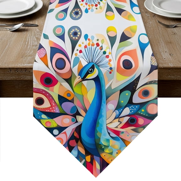 Blue Peacock Table Runner Linen Burlap Table Runner 36 Inches Small Modern Chic Colorful Feathers Dresser Scarves for Kitchen Island Coffee Dining Room Party Wedding Banquet Holiday Decor 13"x36"