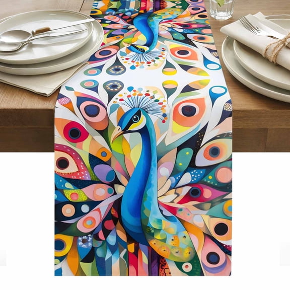 Blue Peacock Table Runner Modern Chic Colorful Feathers Tablerunners 13 x 36 Inch, Table Decorations Tabletop Scarf for Summer Gathering Holiday Farmhouse Kitchen Dining Decor