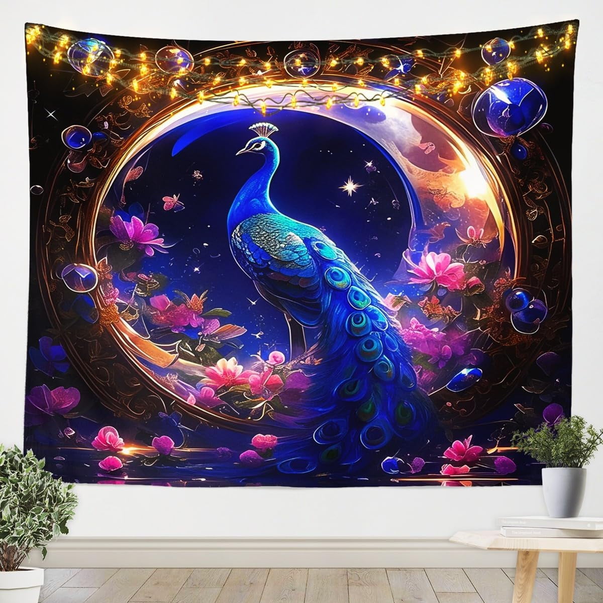 Blue Peacock Tapestries Pink Floral Tapestry Feathers Wall Hanging Art
