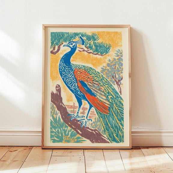 Blue Peacock Wall Art Orange Bird Nature Decor Living Room Bedroom Office