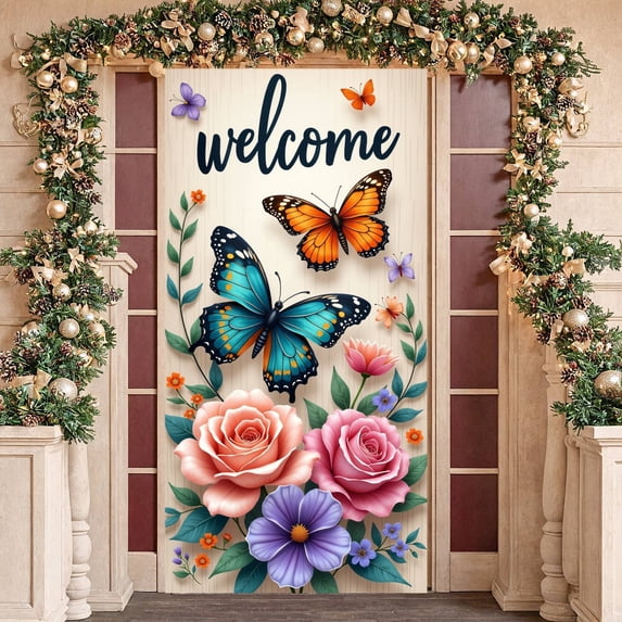 Blue Peacock Welcome Banner Floral Peacock Display Golden Frame Green Leaves Floral Backdrop for Home Entrance Party Welcome Garden Party