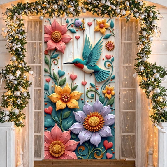 Blue Peacock Welcome Banner Floral Peacock Display Golden Frame Green Leaves Floral Backdrop for Home Entrance Party Welcome Garden Party