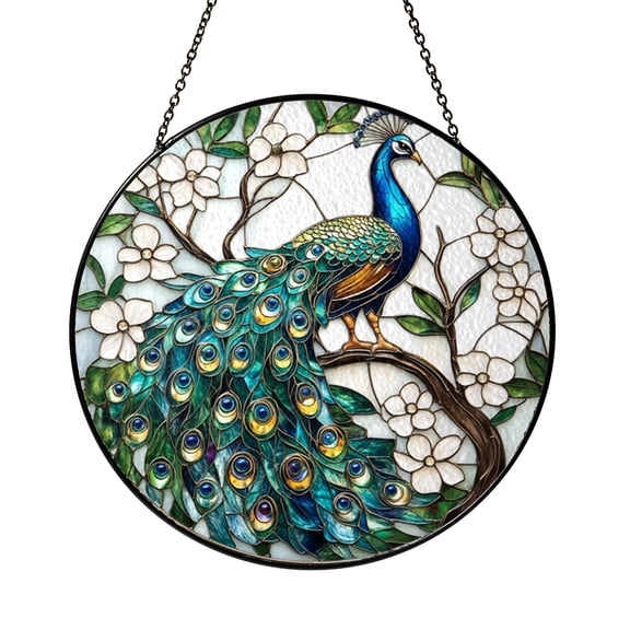 Blue Peacock Window Hanging, Faux Glass Inspired Floral Design for Bright Home Decor