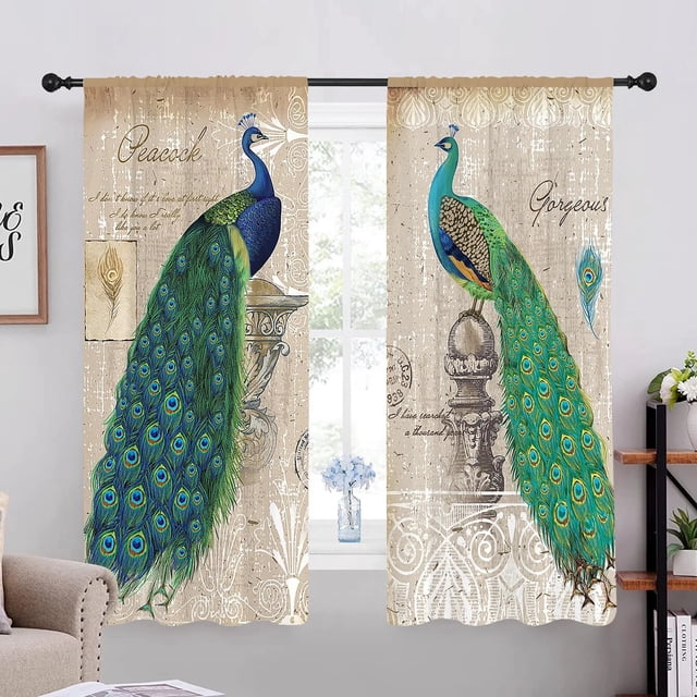 Blue Peacock With Flower Peafowl Window Blackout Curtains For Living
