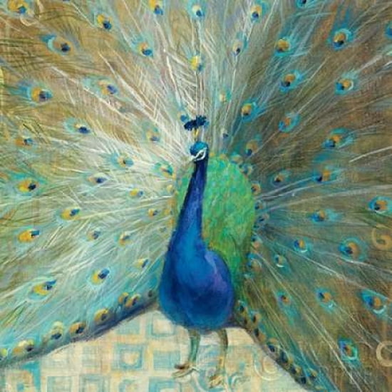 Blue Peacock on Gold Canvas Art - Danhui Nai (24 x 24)