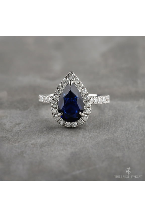 Blue Pear Sapphire Moissanite Halo Engagement Ring September Birthstone Ring Gemstone Bridal Wedding Halo Ring Promise Accent Stone Set Ring