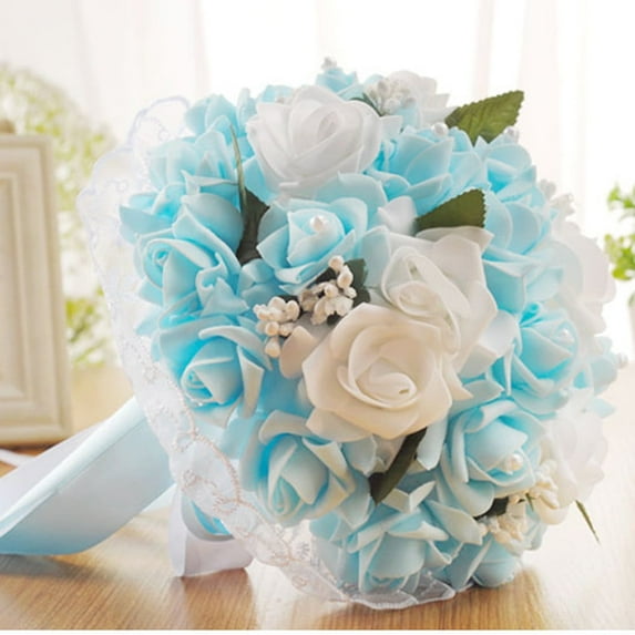 Blue Pearl Bridesmaid Bouquet - 10" Artificial Silk Wedding Flowers with Rhinestones, PE Foam Roses for Bridal Shower/Photo Prop/Something Blue Tradition (SPH-5530)