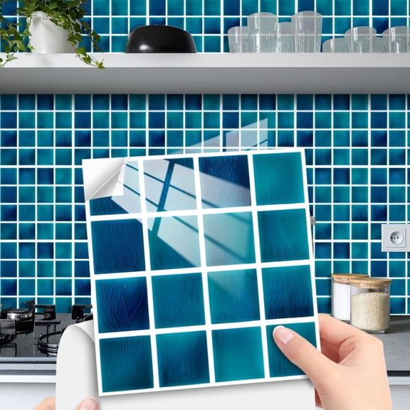 Blue Peel and Stick Backsplash, 10 Pcs PVC Peel&Stick Wall Tile Decal for Home Decor, Self-Adhesive Trassnsfer, Square Decorative Decals for Kitchen, Bathroom, 3.9x3.9 Inch