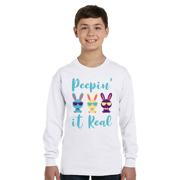 Blue Peepin` It Real Long Sleeve Shirts for Kids - Youth XS S M L XL - Happy Easter Holiday Christian Tee for Boys for Girls