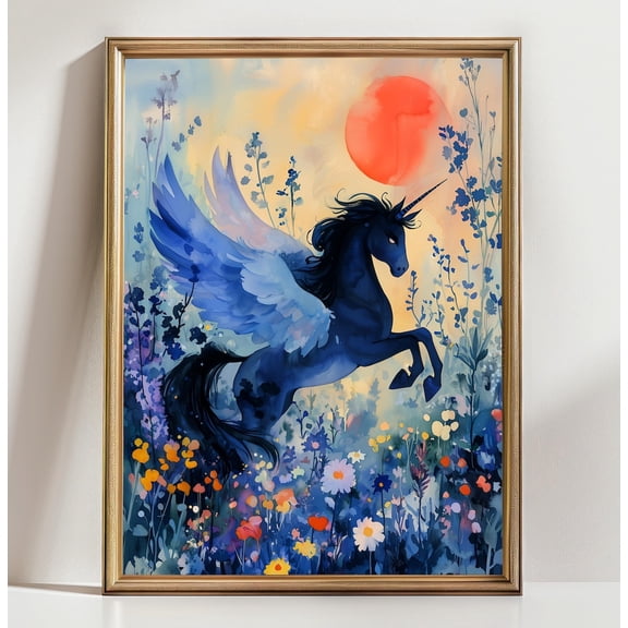 Blue Pegasus Unicorn Wall Art Magical Fantasy Horse Winged Unicorn Artwork Dreamy Mythical Creature Decor Enchanted Unicorn