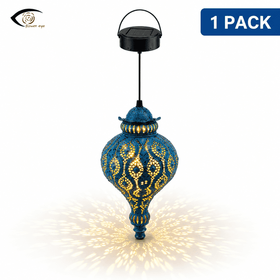 Solar Hanging Lantern Outdoor, Blue Moroccan Metal Decorative Garden Light, Solar Powered Waterproof Lantern for Patio, Yard, Porch, Tree, 1 Pack