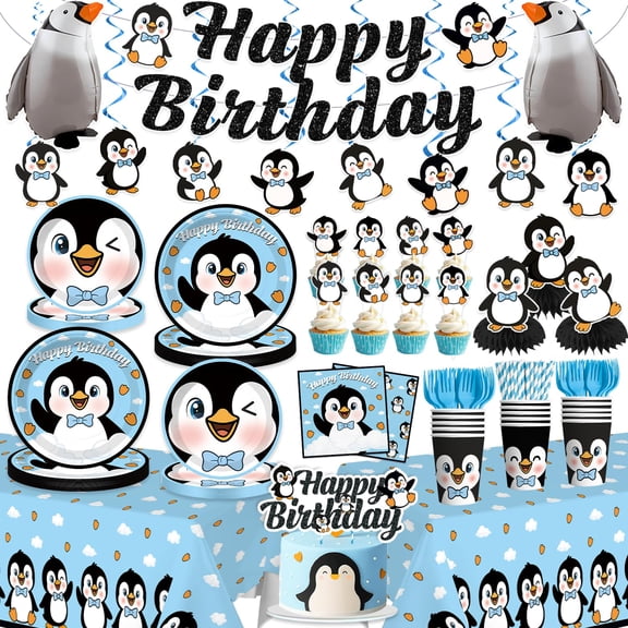 Blue Penguin Birthday Decorations Tableware Complete Party Set Serves 25 Guests, includes Penguin-Theme Paper Banner Cake Topper Balloons Plates