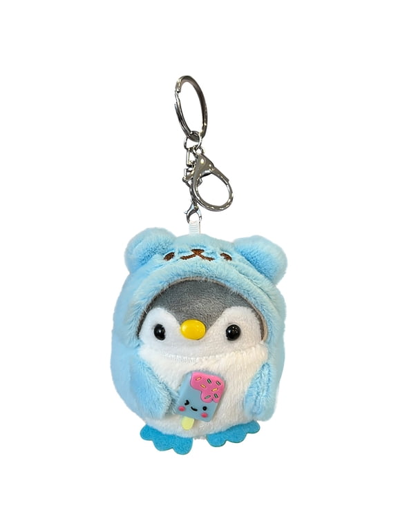 Blue Penguin Keychain Plush Toy, Small Fluffy Animal Pendant For Bag Decor, Soft Stuffed Penguin Doll With Metal Chain, 3.94 Inch Mini Plushie