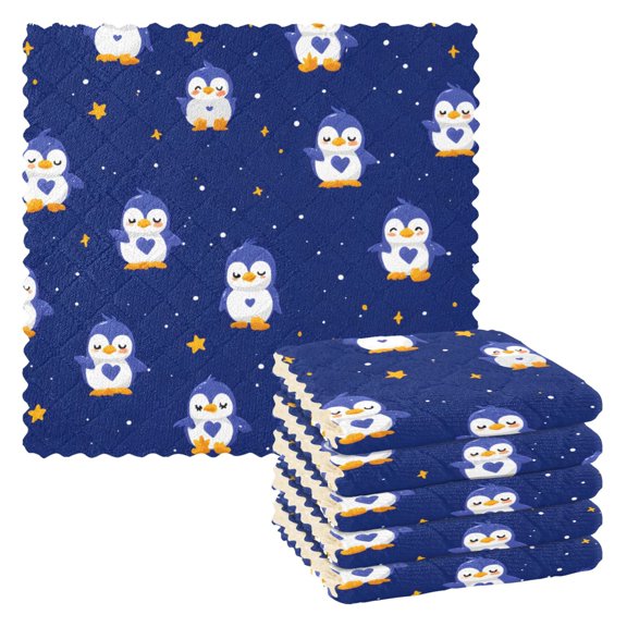 Blue Penguin Pattern Dish Towels 6 Pack Kitchen Cleaning Dish Cloths Absorbent Reuseable Cleaning Cloths 11'' x 11''