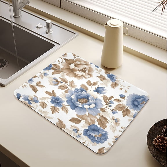 Blue Peonies Dead Leaves Drying Mat Diatomaceous Earth Super Absorbent Non-slip Rubber Sole Heat Resistant 230 Degrees Fahrenheit 15.711.8in
