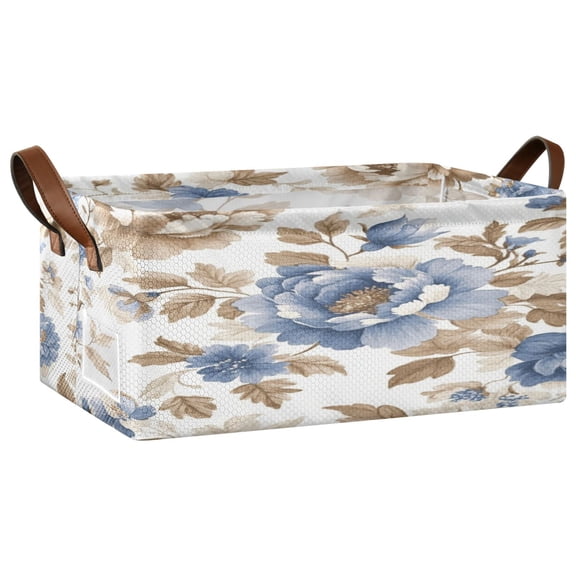 Blue Peonies Dead Leaves Storage Basket Soccer Plaid Fabric Hoard Box Oversized Collapsible Closet Organizer with Metal Iron Frame 16.911.47.7in