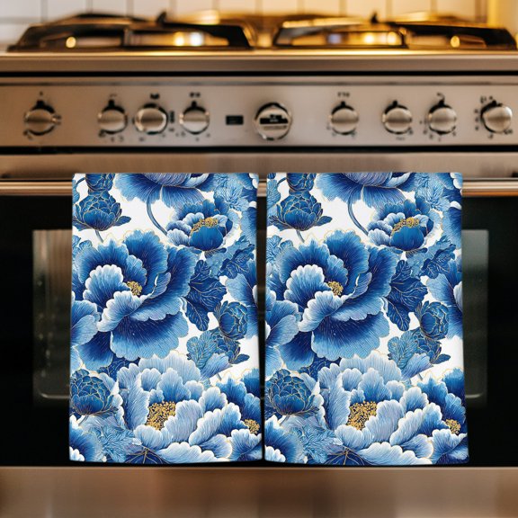 Blue Peonies Kitchen Towels Set of 1, Retro Flowers Country Floral Pastoral Plants Absorbent Dish Towels for Kitchen, Microfiber Hand Towel, Quick Drying Tea Towel for Cleaning Decorative Dishcloths